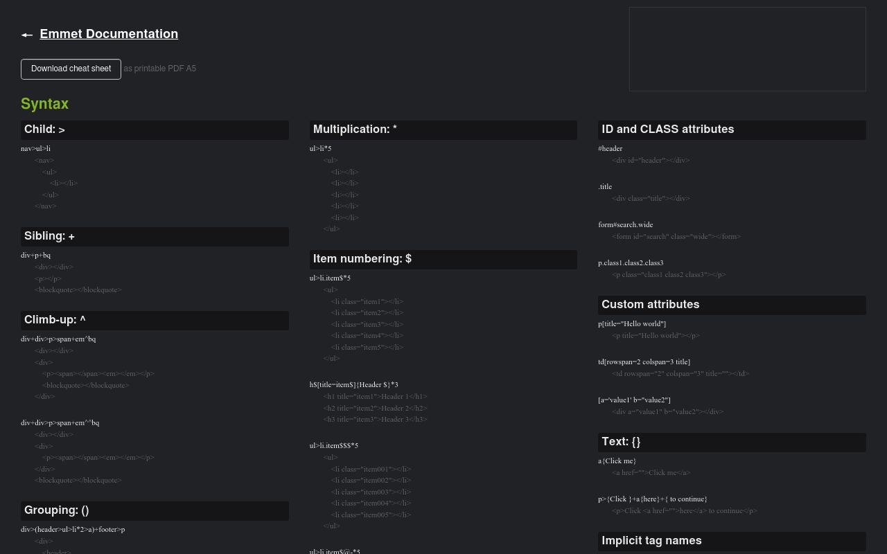 Emmet Cheatsheet preview